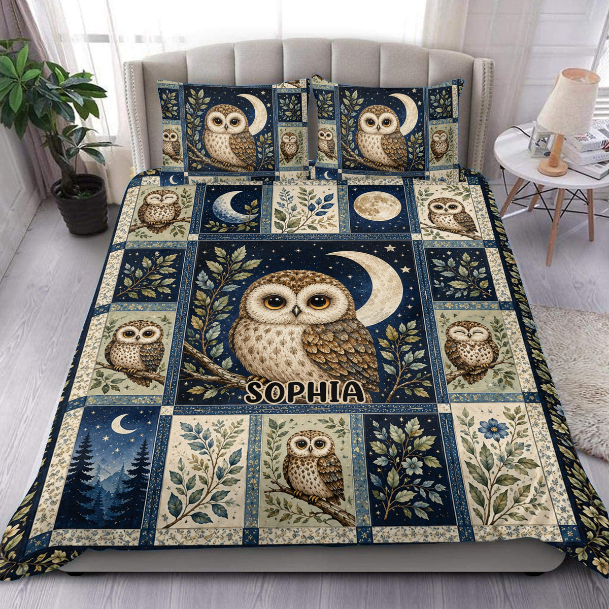 Owl duvet cover set displayed on a bed with moonlit woodland artwork in navy, cream, and blue tones