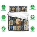 Owl duvet cover bedding set shown with matching pillowcases, soft breathable fabric icons, and moonlit artwork