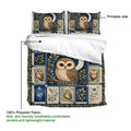 Owl duvet cover set product presentation showing the printed side, botanical panels, starry sky, and crescent moons