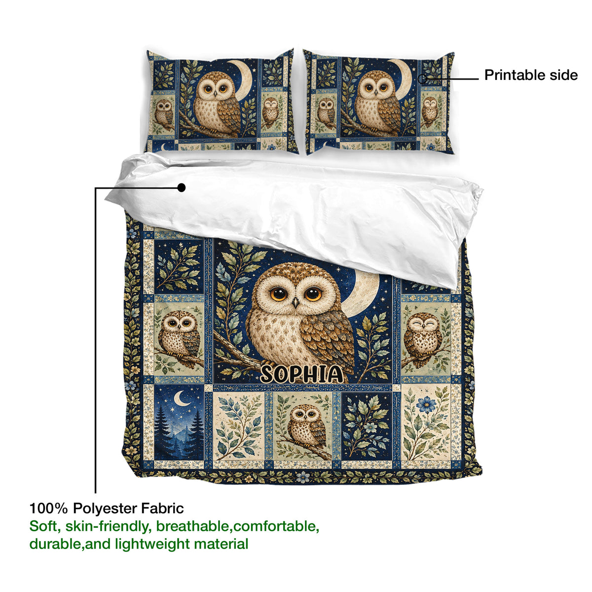 Owl duvet cover set product presentation showing the printed side, botanical panels, starry sky, and crescent moons