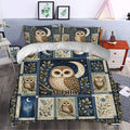 Owl duvet cover bedding set styled in a bedroom with detailed woodland owl artwork and dark blue botanical panels