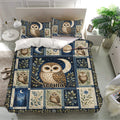 Owl duvet cover set shown on a bright bedroom bed with matching pillowcases and vintage moonlit forest artwork