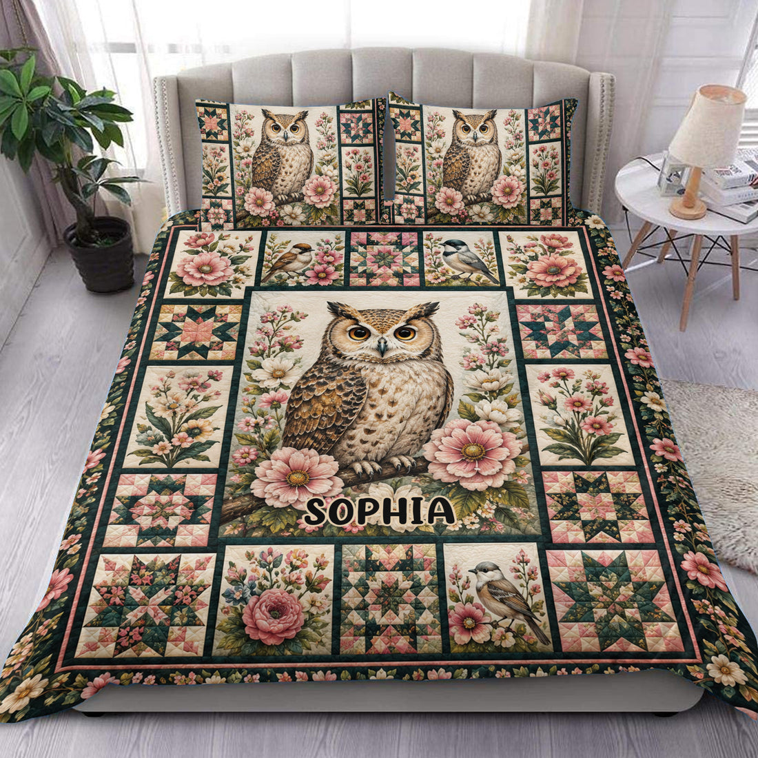 Owl duvet cover set displayed on a bed with floral patchwork artwork and coordinating owl pillowcases