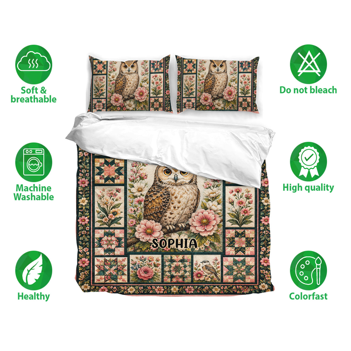Owl bedding set presentation with floral artwork, matching pillowcases, and soft breathable fabric icons