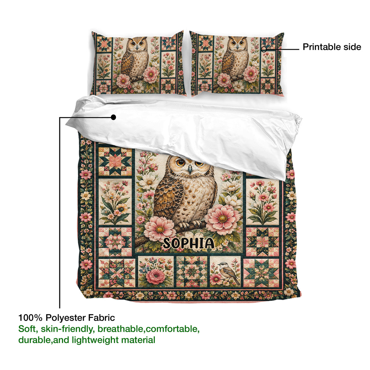 Owl duvet cover closeup showing printable floral artwork and lightweight polyester fabric details