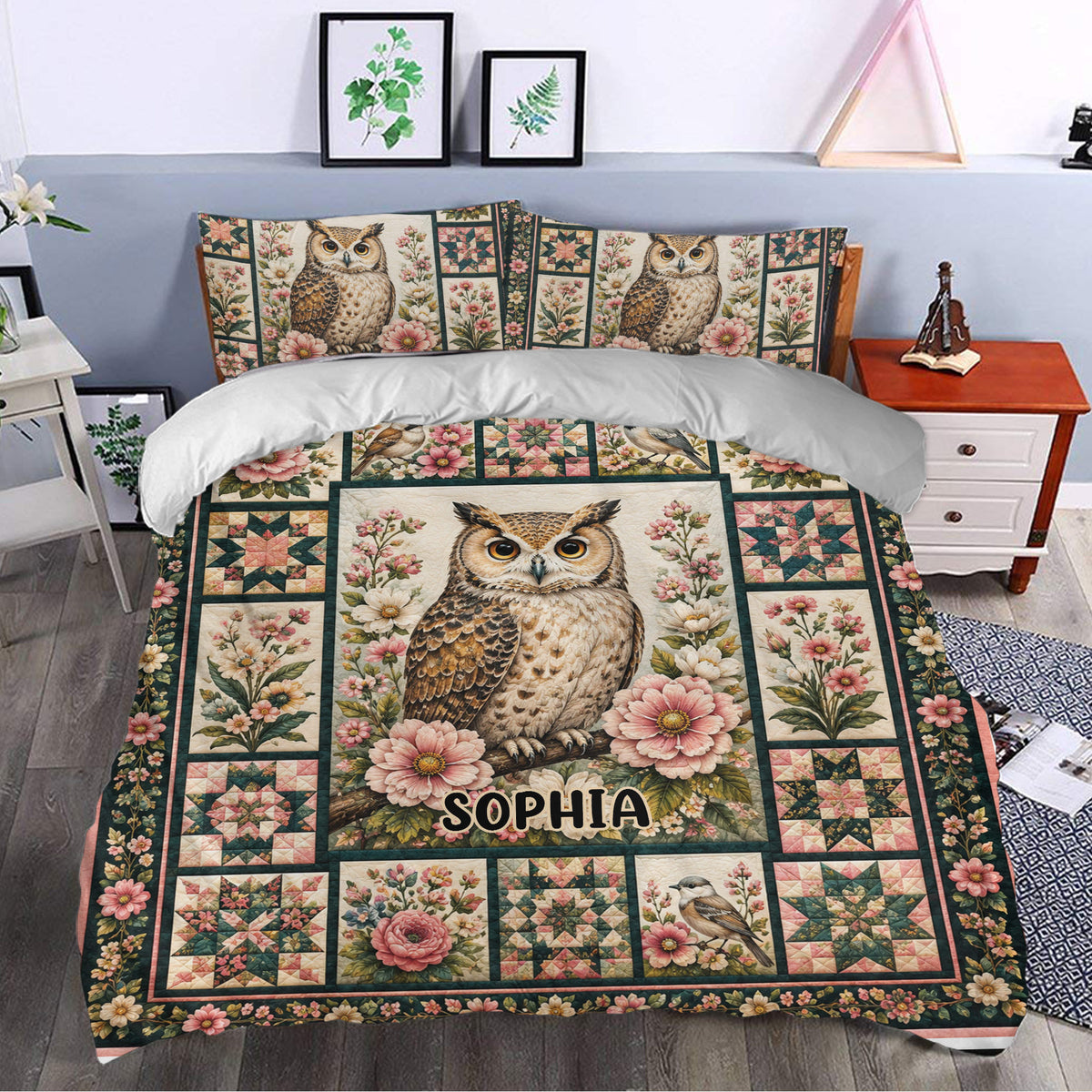 Owl duvet cover bedding styled in a bedroom with vintage floral patchwork artwork