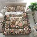 Owl bedding set on a modern bed with matching floral pillowcases and botanical bedroom decor