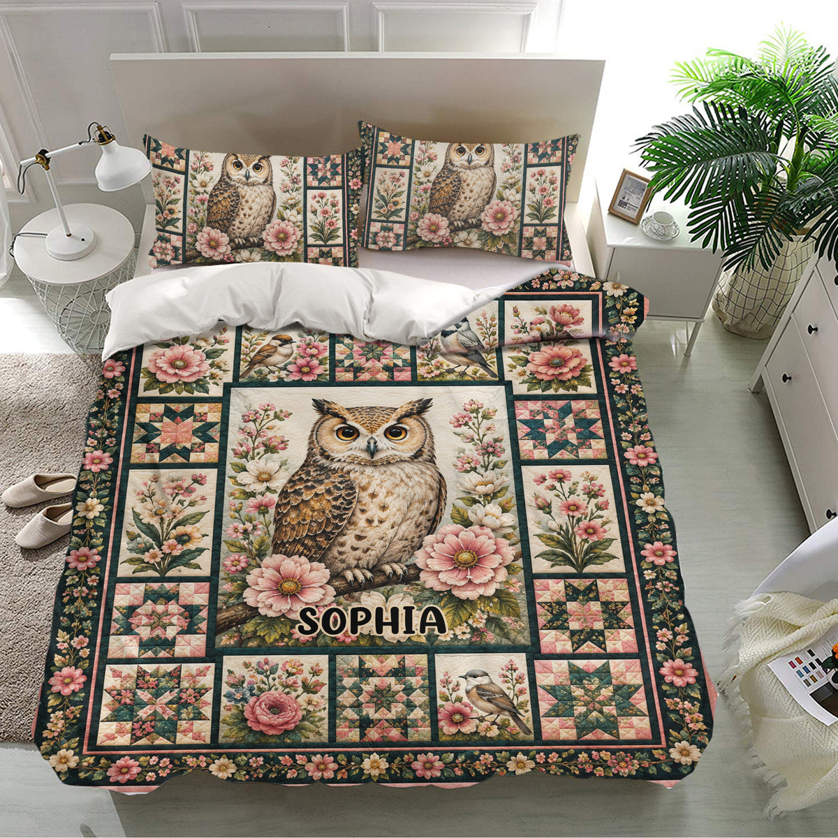 Owl bedding set on a modern bed with matching floral pillowcases and botanical bedroom decor