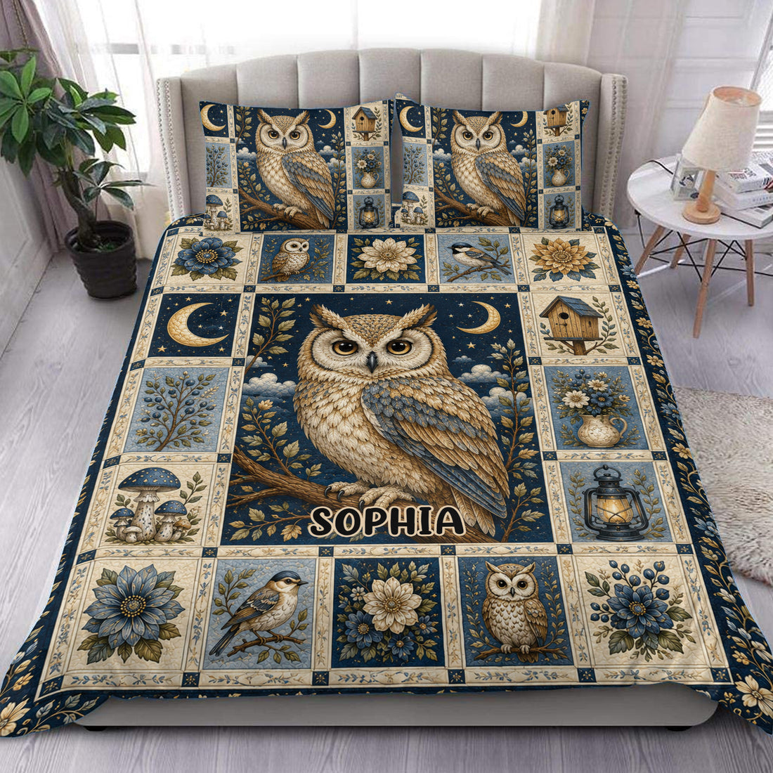 Owl duvet cover set displayed on a bed with moonlit woodland artwork, flowers, birdhouses, and matching pillowcases