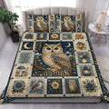 Owl duvet cover set displayed on a bed with moonlit woodland artwork, flowers, birdhouses, and matching pillowcases