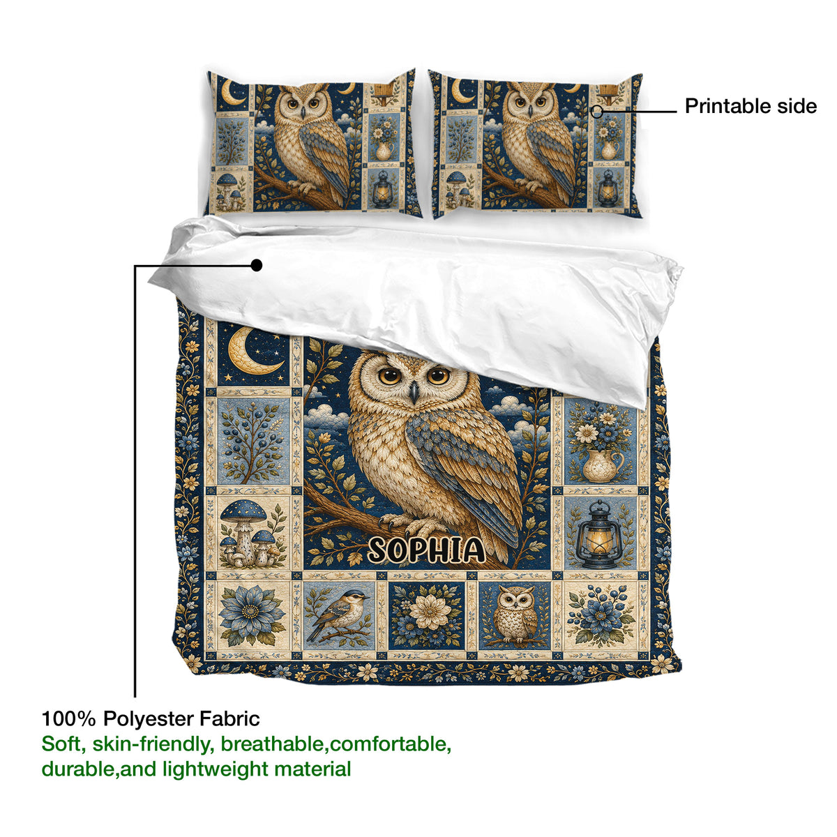 Owl duvet cover set shown with matching pillowcases and a close view of the printed woodland artwork