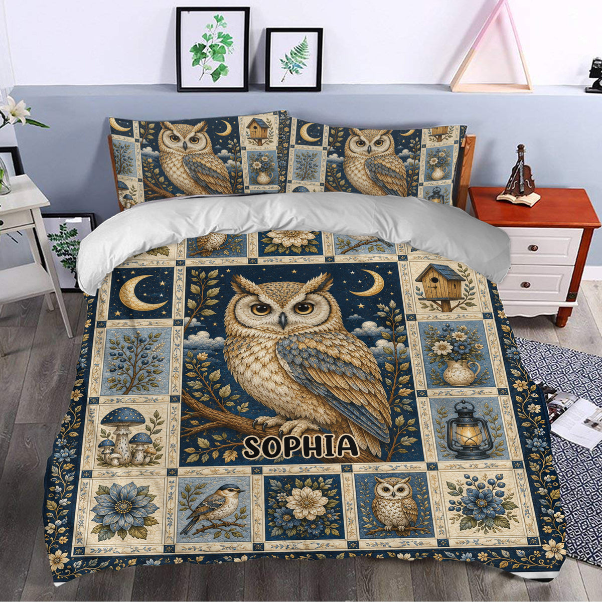 Owl duvet cover bedding set styled in a bedroom with navy botanical panels, moon motifs, and detailed owl artwork