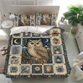 Owl bedding set presented in a bright bedroom with matching pillowcases and a vintage botanical woodland pattern