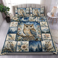 Owl duvet cover set displayed on a bed with moonlit forest, floral, mountain and blue woodland artwork