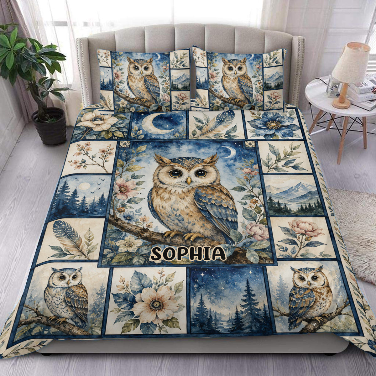 Owl duvet cover set displayed on a bed with moonlit forest, floral, mountain and blue woodland artwork