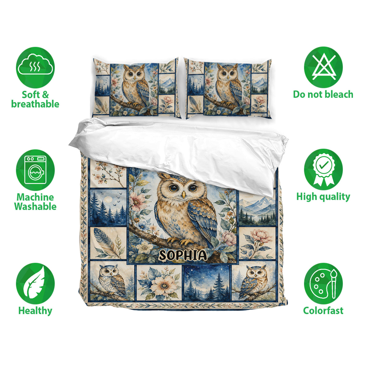 Owl duvet cover bedding set shown with matching pillowcases and a detailed blue floral woodland design