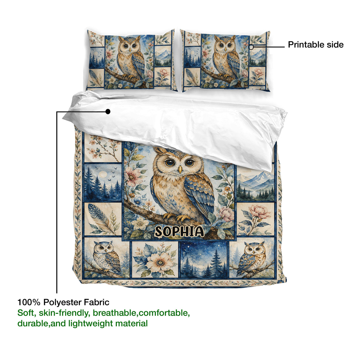 Owl bedding set product view highlighting the printable front design and soft blue nature-inspired artwork