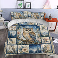 Owl duvet cover styled in a bedroom with moon, flowers, forest scenes and mountain landscape panels