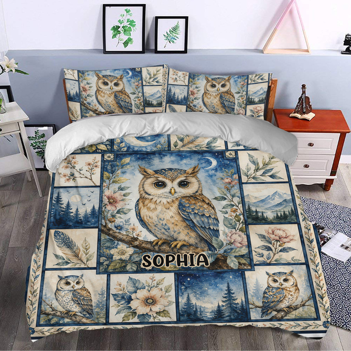 Owl duvet cover styled in a bedroom with moon, flowers, forest scenes and mountain landscape panels