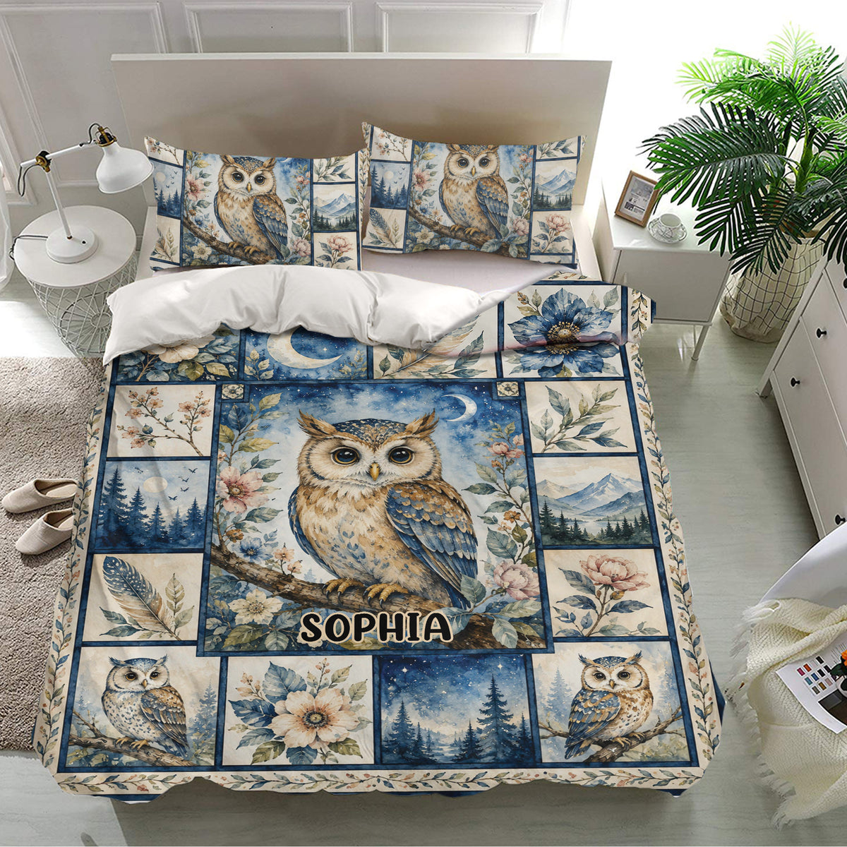 Blue owl duvet cover set presented in a bright bedroom with matching owl pillowcases and floral details