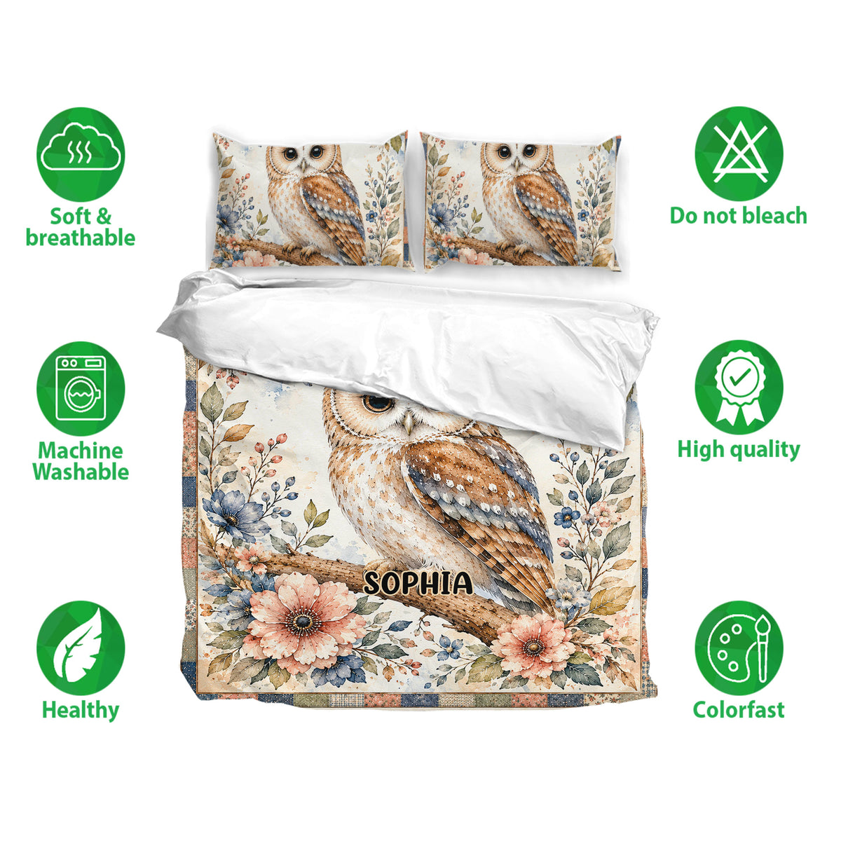Owl bedding set featuring floral artwork, matching pillowcases, and a soft breathable design
