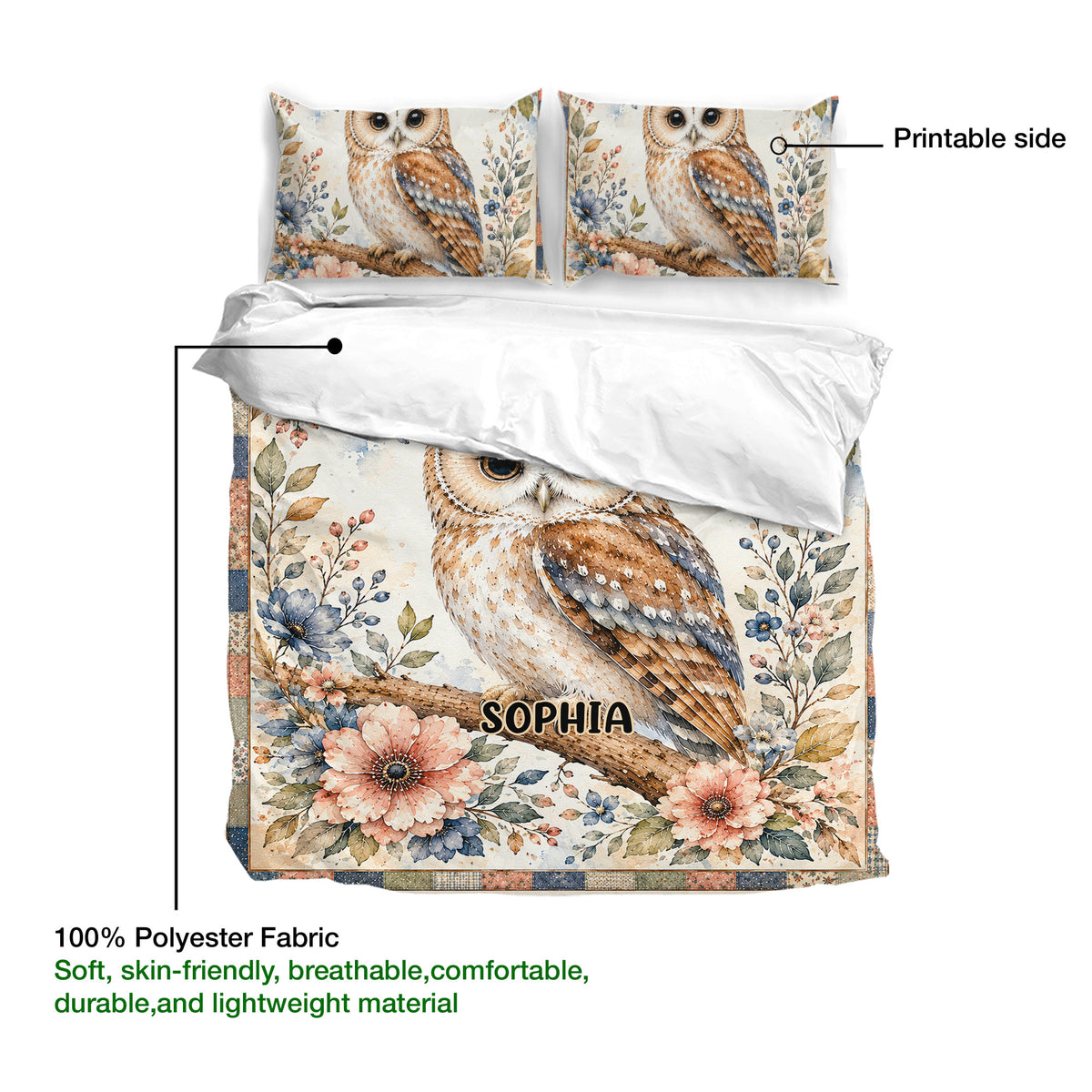 Owl duvet cover set detail showing the printed side, floral border, and soft polyester fabric