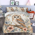 Floral owl duvet cover bedding set styled in a bedroom with matching owl pillowcases