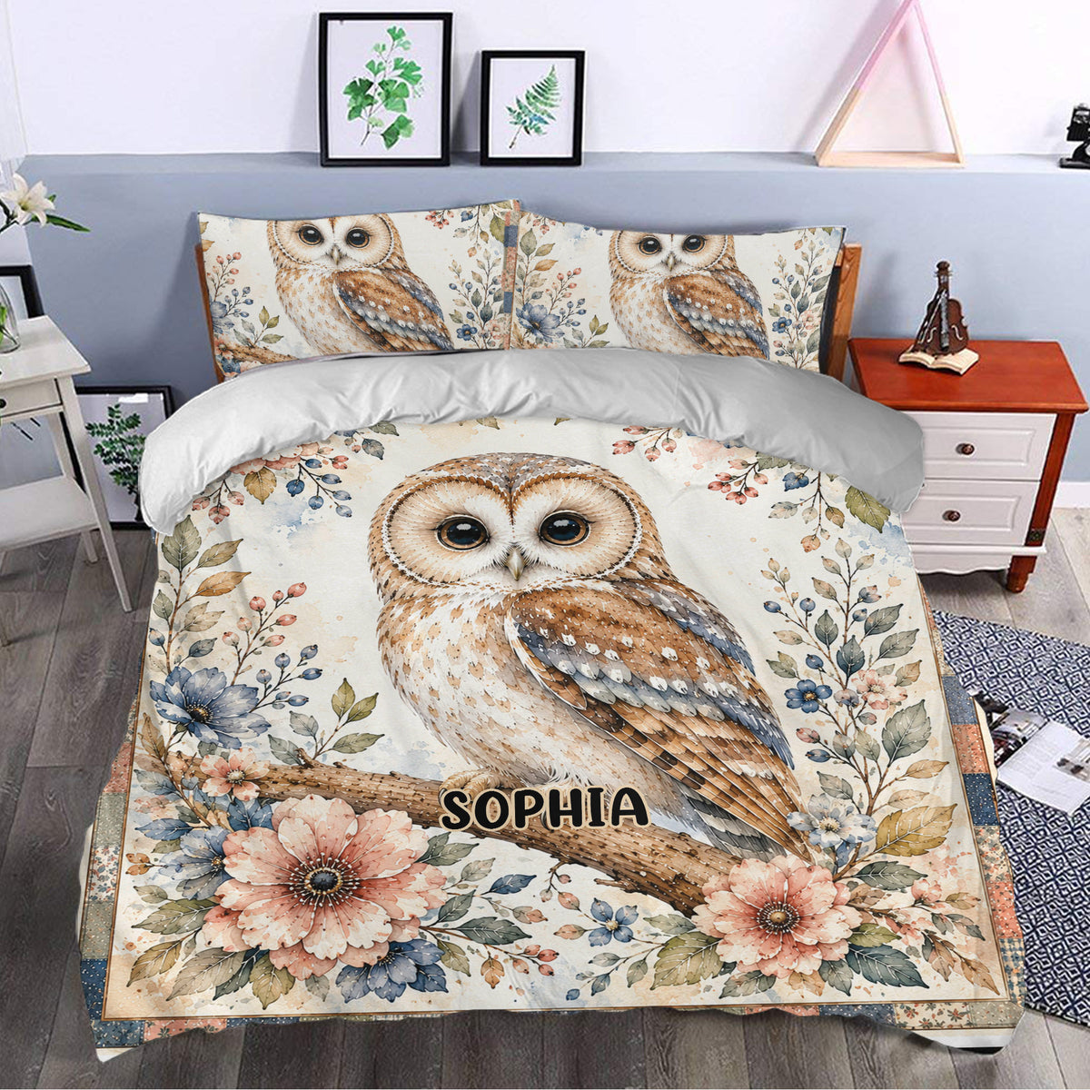 Floral owl duvet cover bedding set styled in a bedroom with matching owl pillowcases