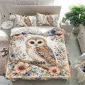 Owl duvet cover set in a bright bedroom featuring botanical flowers and detailed woodland artwork