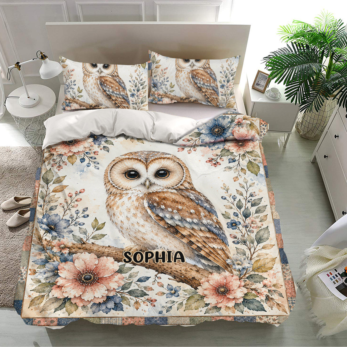 Owl duvet cover set in a bright bedroom featuring botanical flowers and detailed woodland artwork