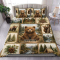 Bear duvet cover set styled in a bedroom with cubs, pine trees, mountains, rivers, and rustic lodge scenes