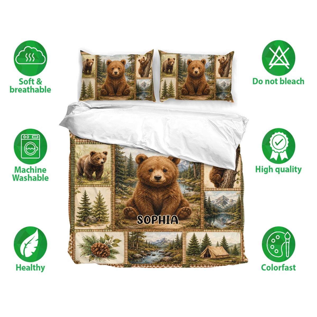 Bear duvet cover bedding set displayed with matching pillowcases and soft woodland artwork in brown and green tones