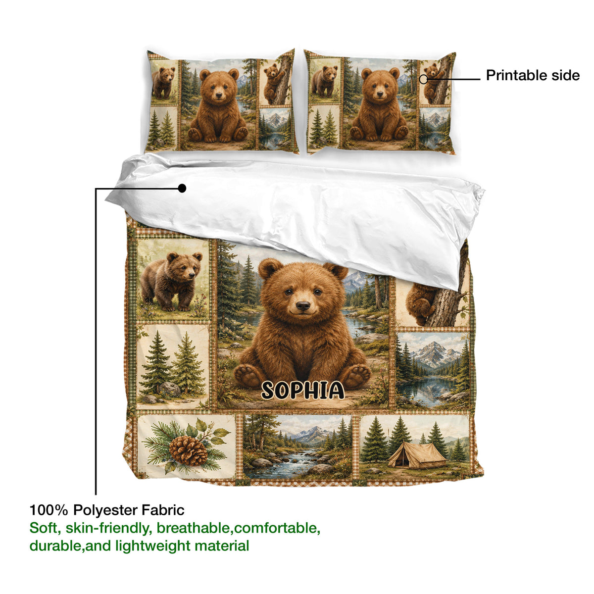 Bear duvet cover set product guide showing printed artwork, soft polyester fabric, and woodland cabin scenes