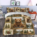Rustic bear duvet cover set styled on a bed with cubs, evergreen trees, mountains, and a cozy cabin landscape
