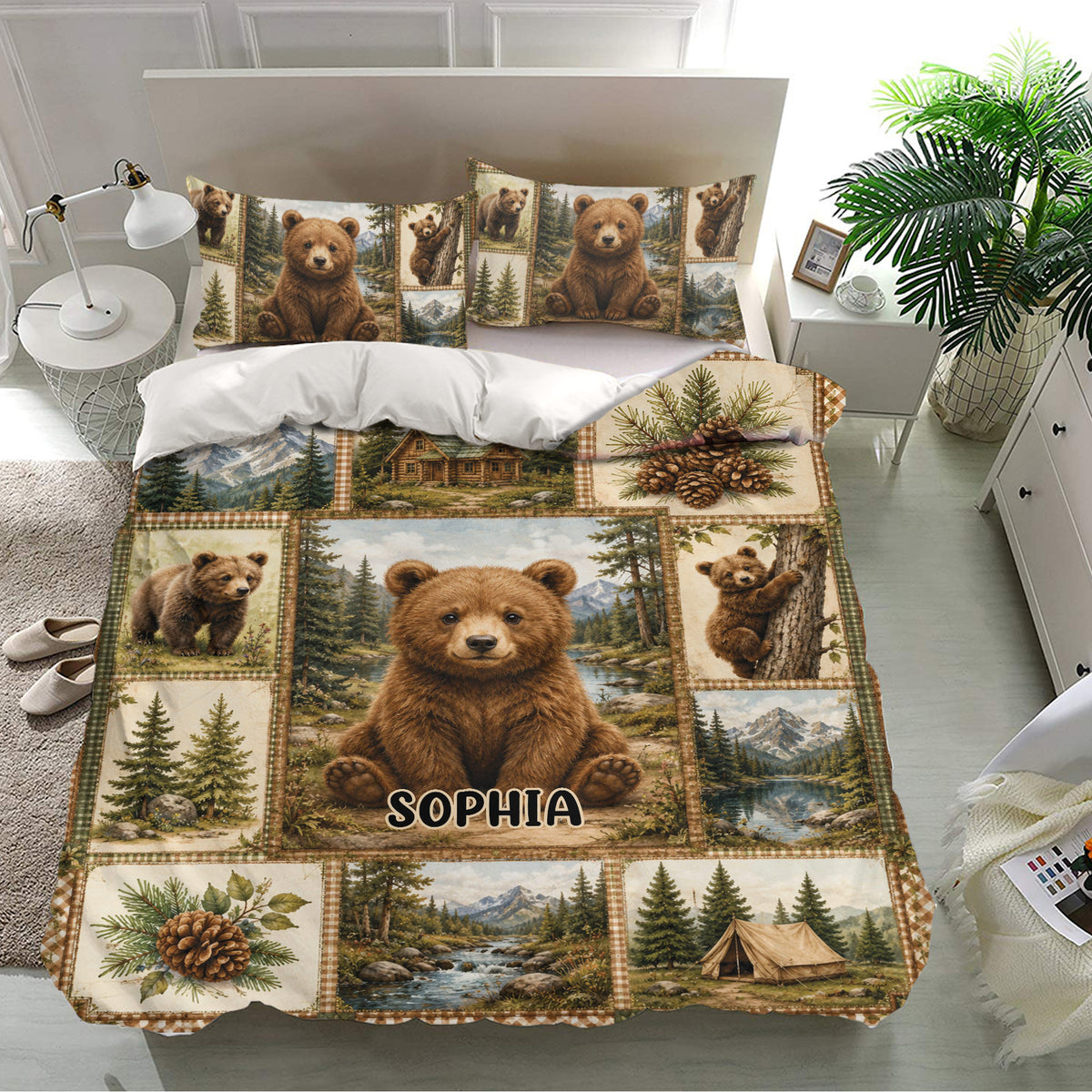 Bear bedding set displayed in a bright bedroom with matching pillowcases and detailed forest, mountain, and river scenes