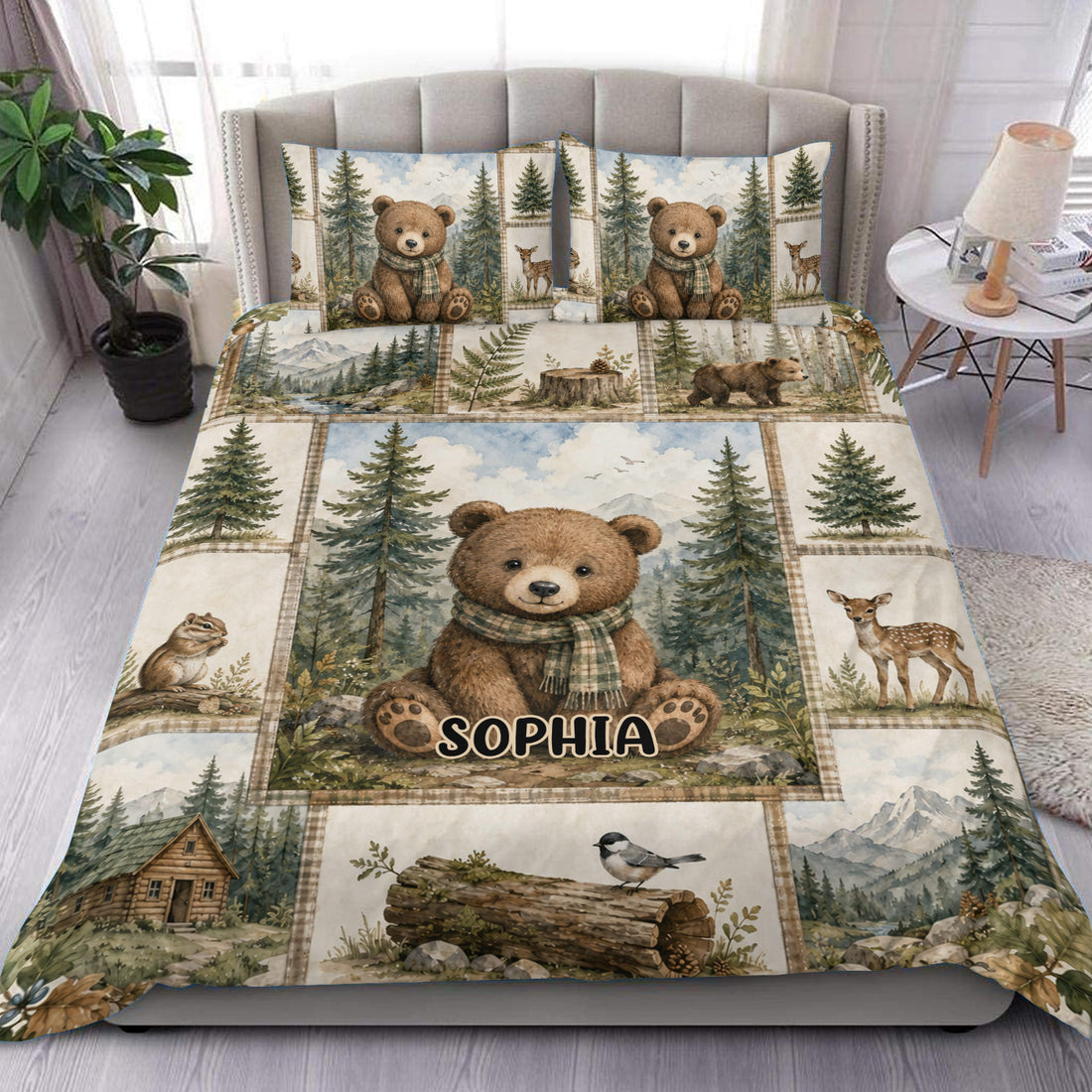 Bear duvet cover set displayed on a bed with forest scenery, deer, chipmunk, cabin, mountains, and pine trees