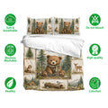 Bear bedding set shown with matching pillowcases and soft breathable fabric, machine washable care, and colorful artwork