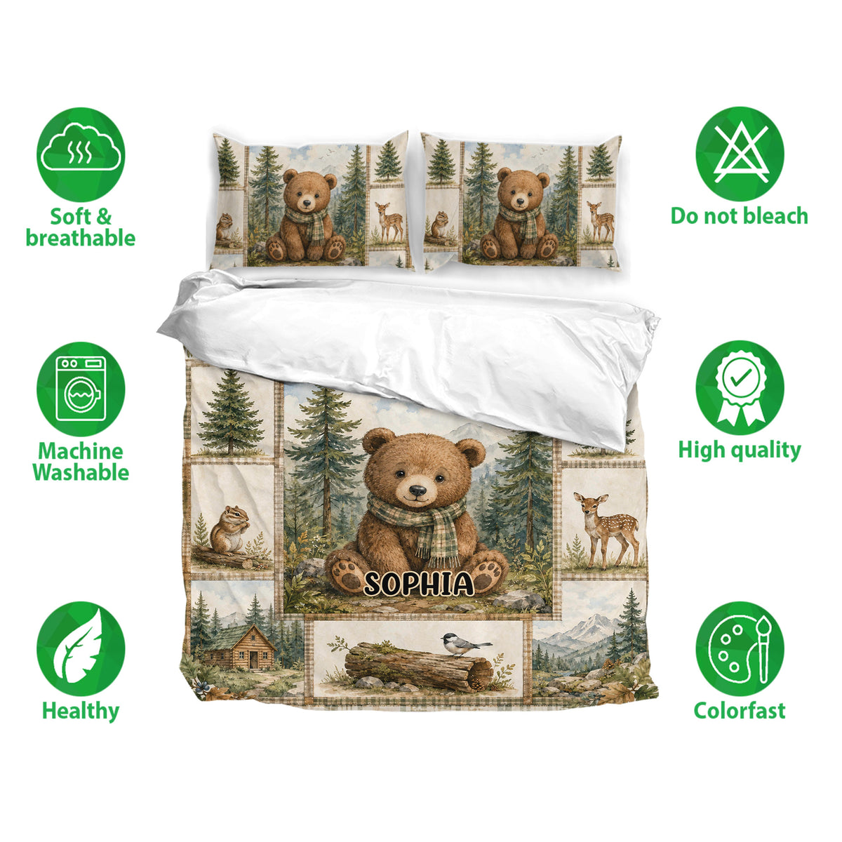Bear bedding set shown with matching pillowcases and soft breathable fabric, machine washable care, and colorful artwork