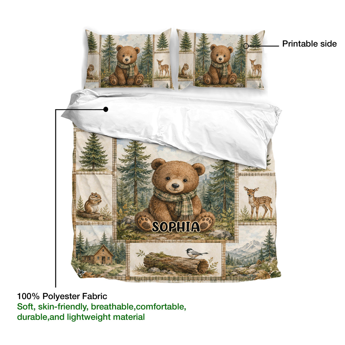 Bear duvet cover bedding set shown with printable artwork and 100% polyester fabric details