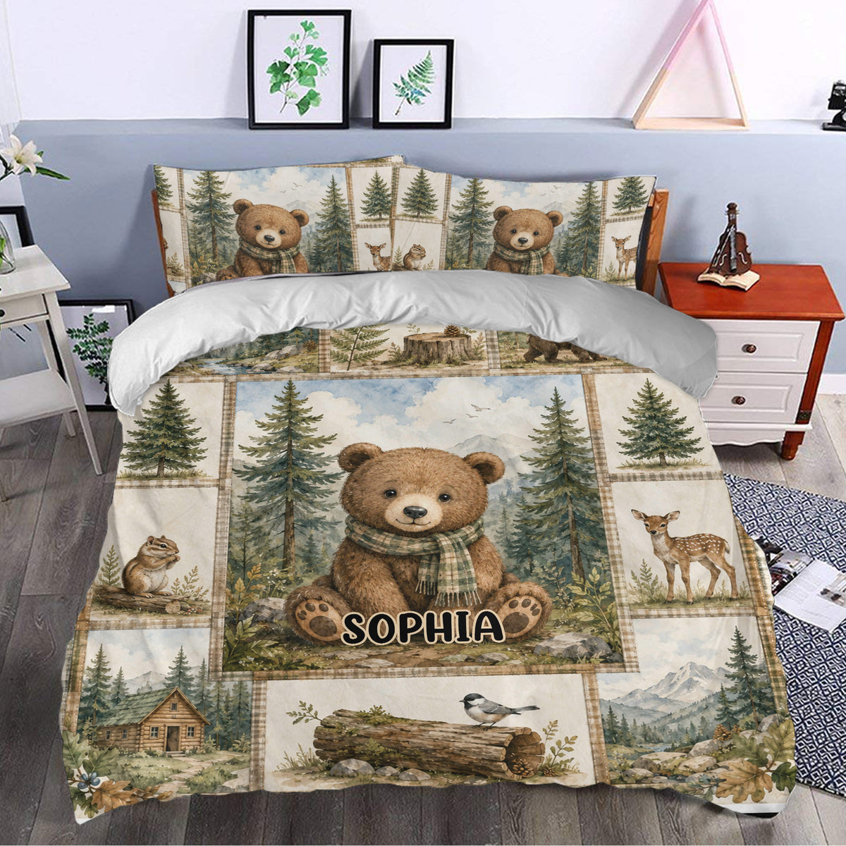 Bear duvet cover styled in a bedroom with pine trees, woodland animals, mountains, and a cozy cabin scene