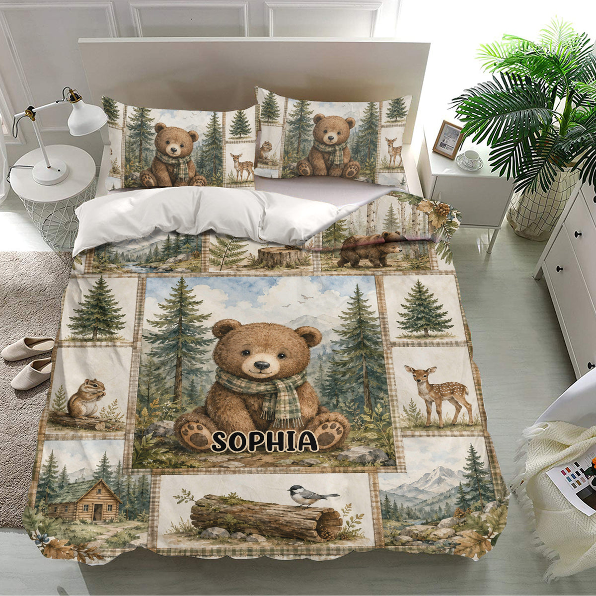 Rustic bear bedding set displayed in a bright bedroom with matching pillowcases and detailed forest artwork