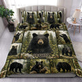 Bear duvet cover set displayed on a bed with black bears, evergreen forest scenes, and rustic woodland artwork