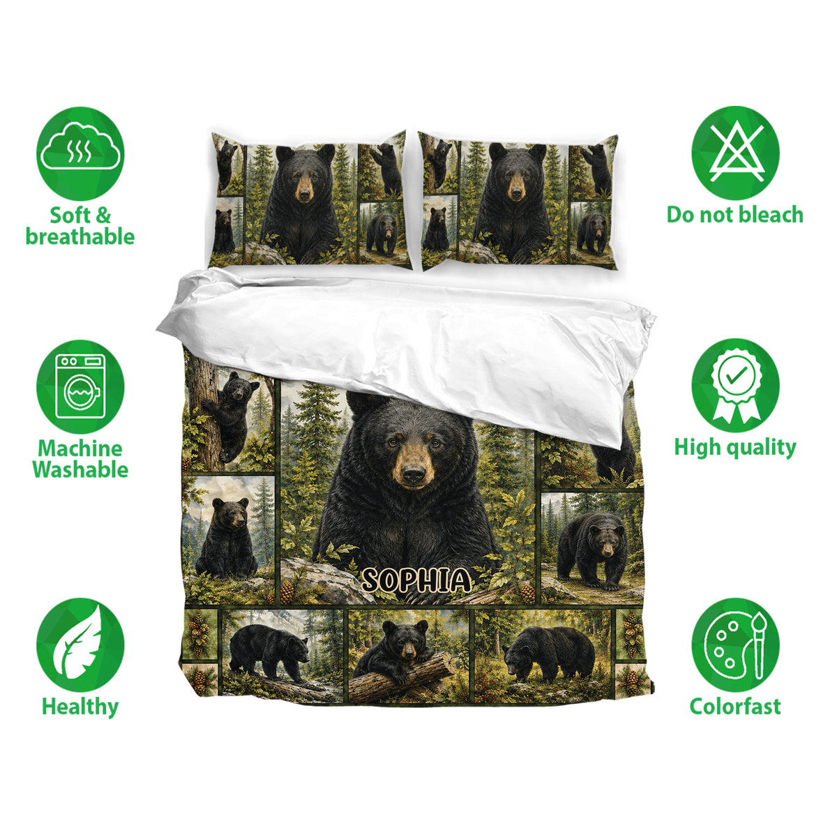 Bear bedding set with matching pillowcases, forest wildlife artwork, and soft breathable bedding features