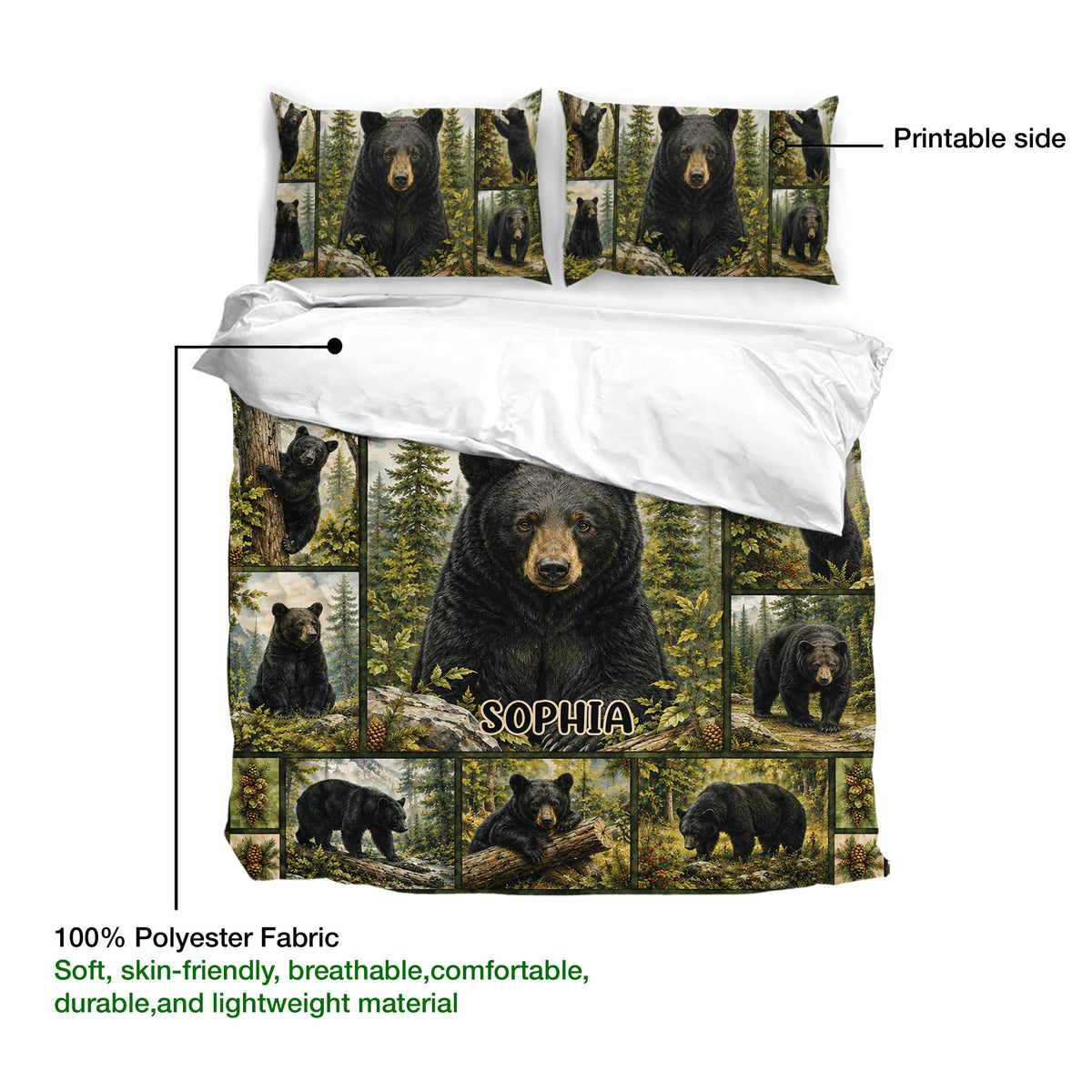 Bear duvet cover set product guide showing the printed side and forest-themed black bear artwork