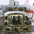 Rustic bear duvet cover styled in a bedroom with black bears, pine trees, and woodland scenery