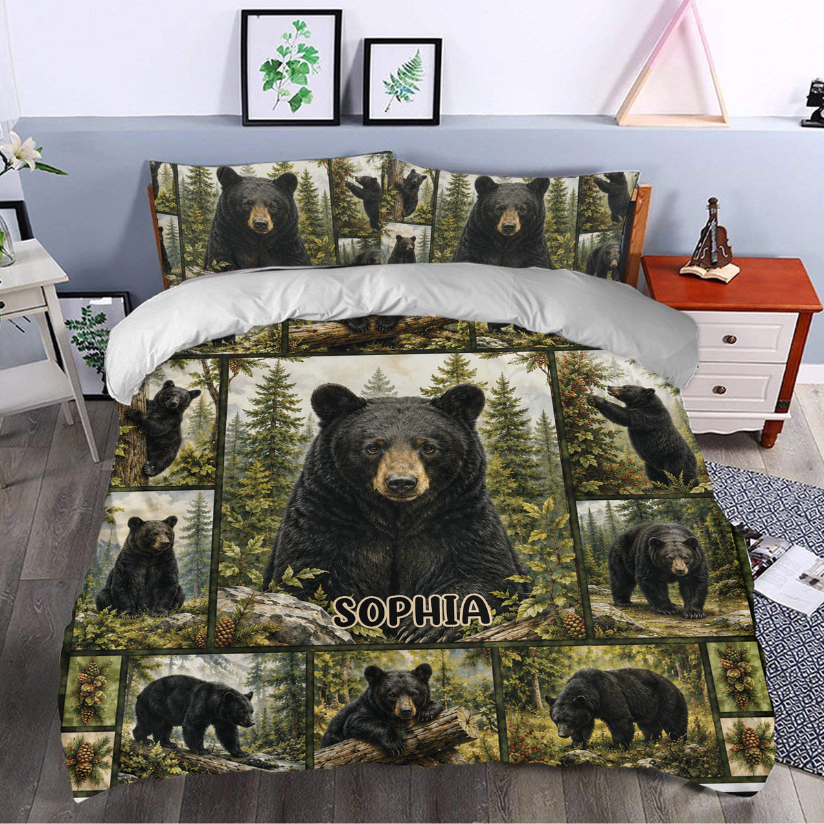 Rustic bear duvet cover styled in a bedroom with black bears, pine trees, and woodland scenery