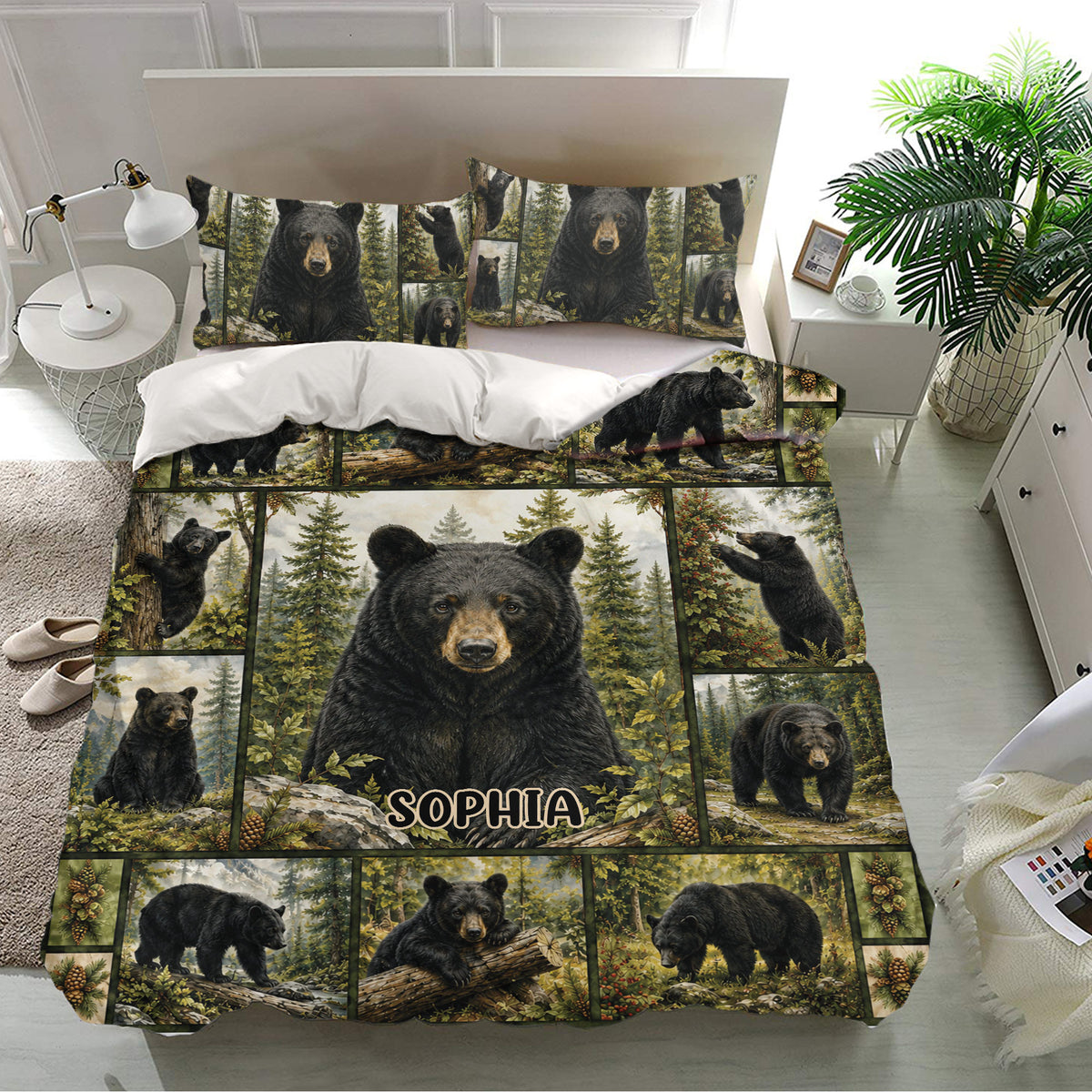 Black bear bedding set displayed in a bright bedroom with forest wildlife artwork and rustic decor