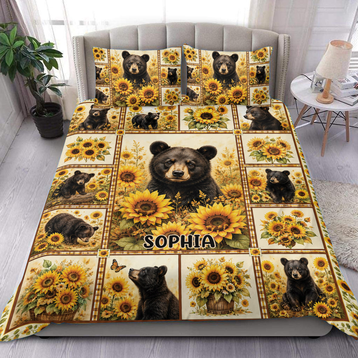 Bear duvet cover set with sunflower panels and rustic wildlife artwork styled in a bright bedroom