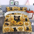 Rustic bear duvet cover bedding set with sunflower artwork styled on a bedroom with blue walls