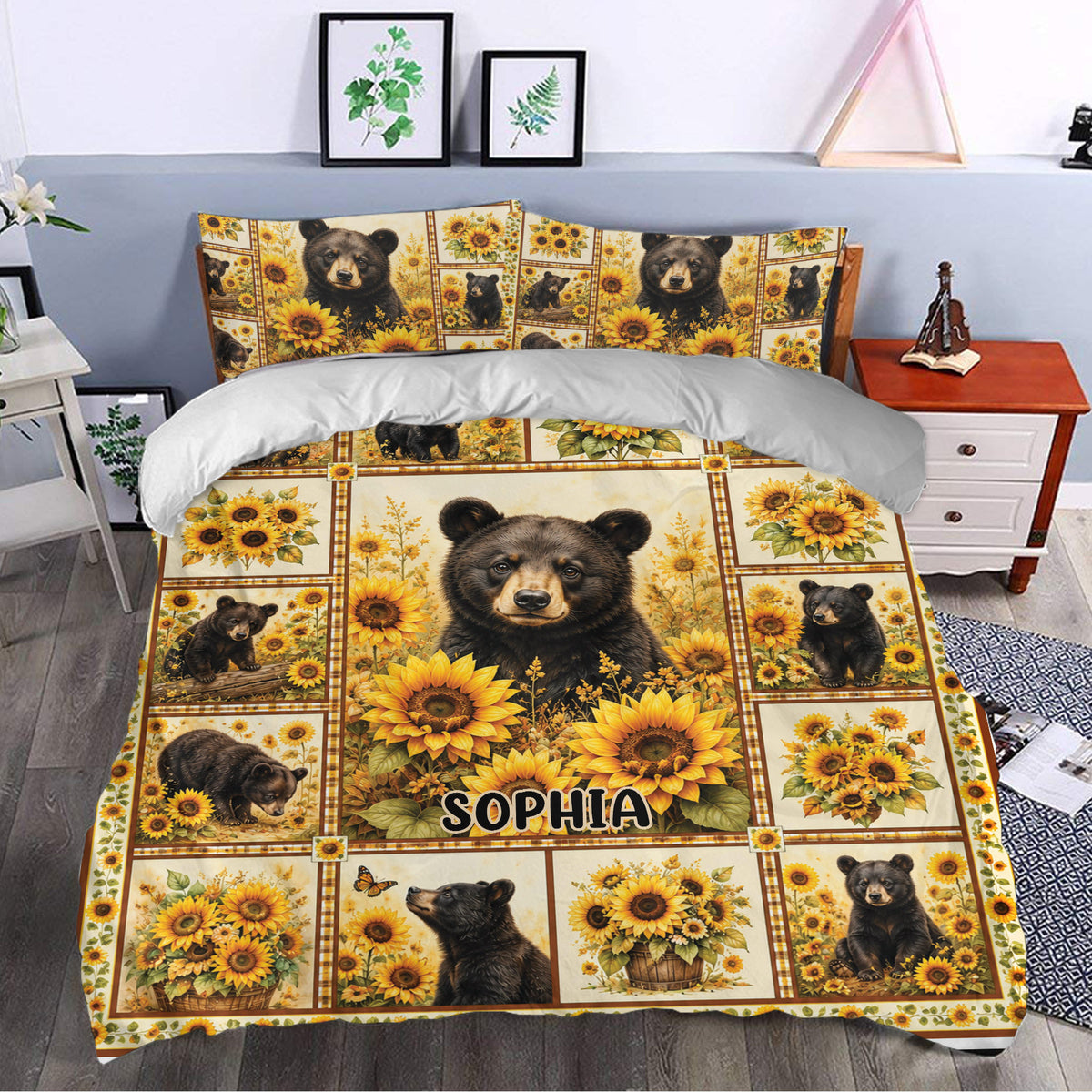 Rustic bear duvet cover bedding set with sunflower artwork styled on a bedroom with blue walls